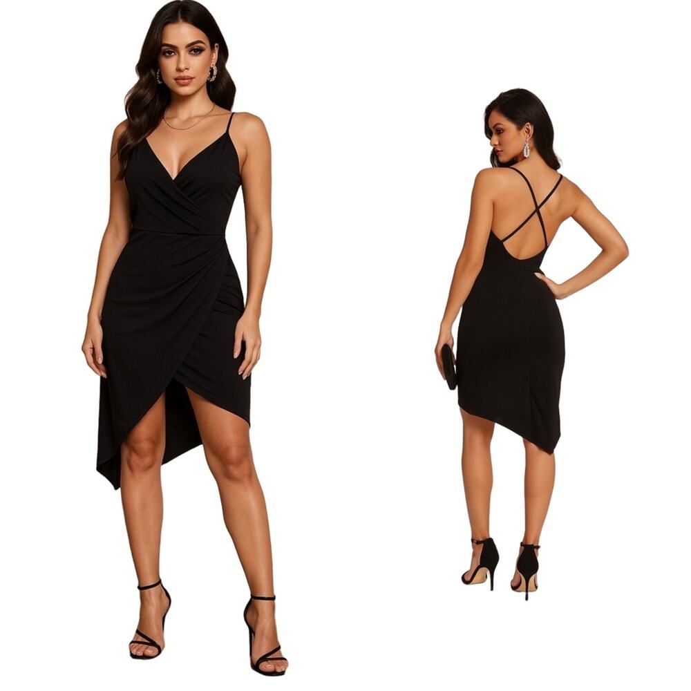 SHEIN Black Wrap Front Asymmetrical Hem Mini Dress XS